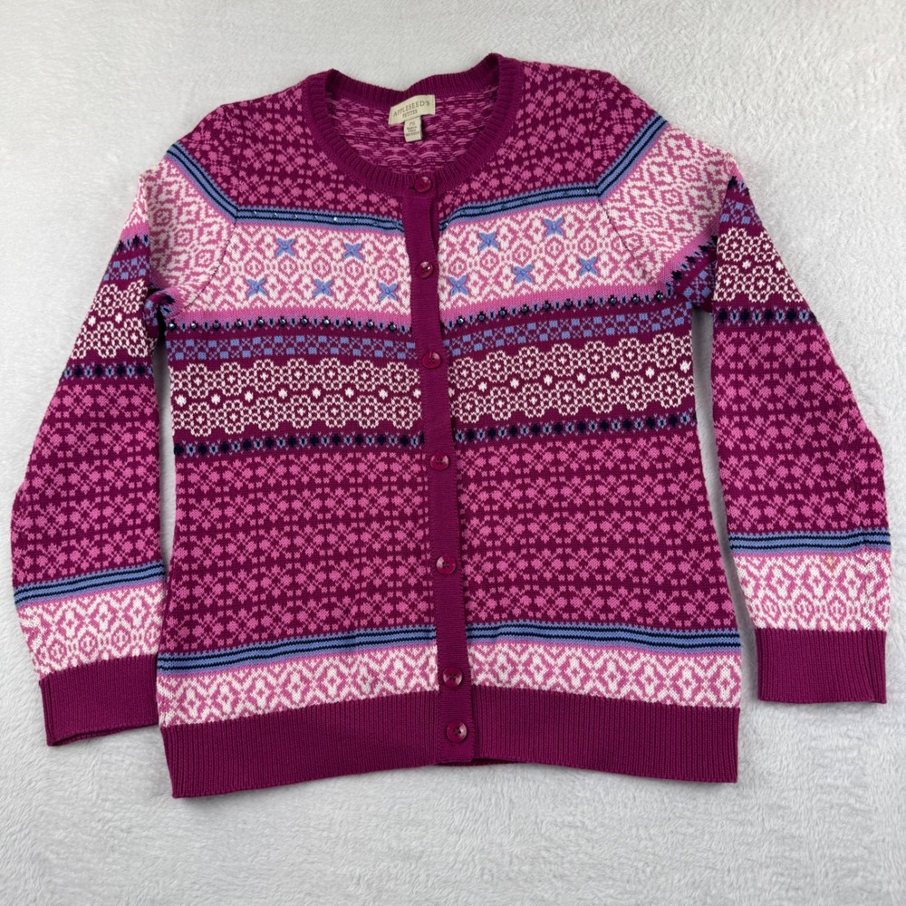 Appleseed's Cardigan Womens PS Pink Fair Isle Cotton Sequin Embroidered Sweater